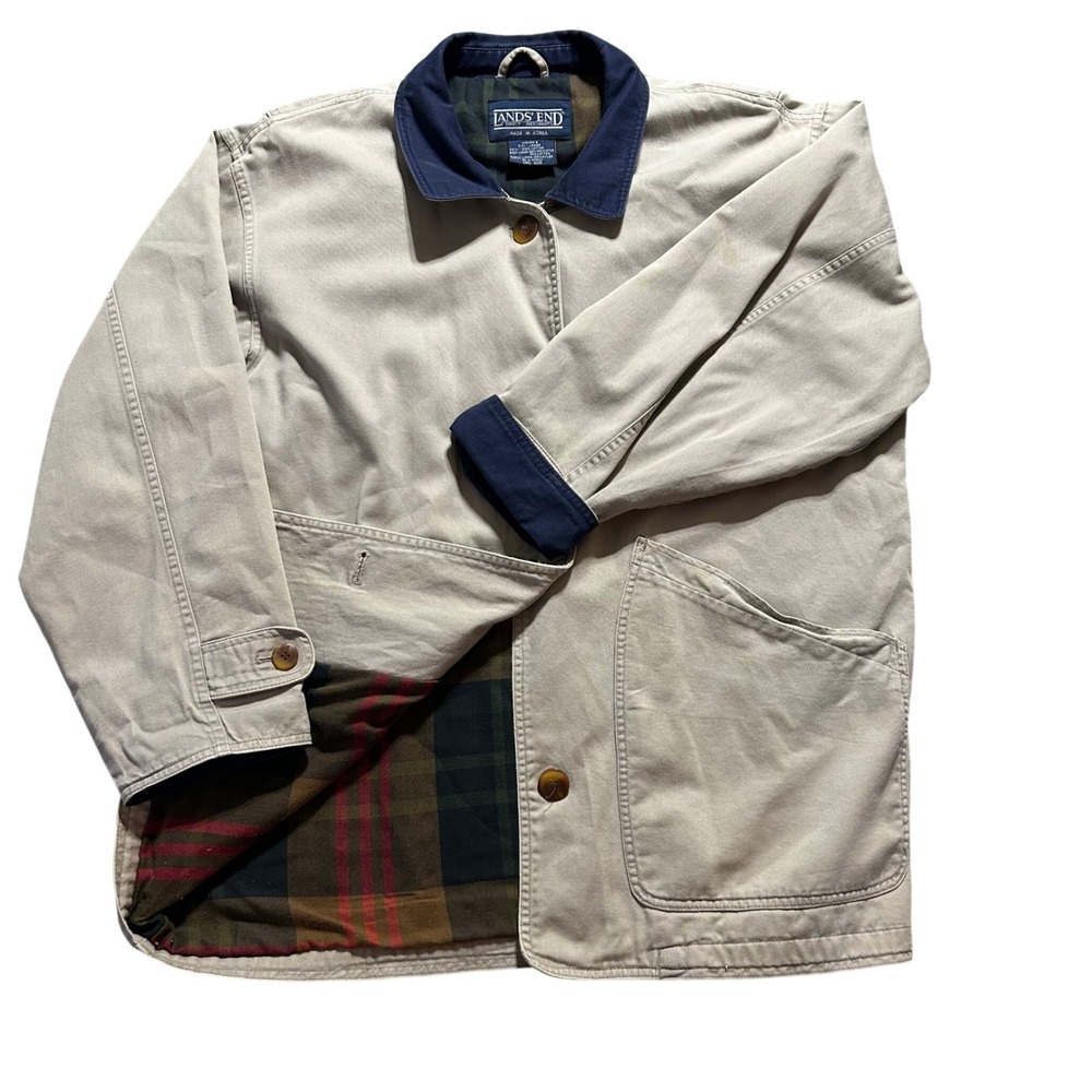 VTG Lands End Barn Jacket Women Large Khaki Tan Flannel Lined Corduroy Collar